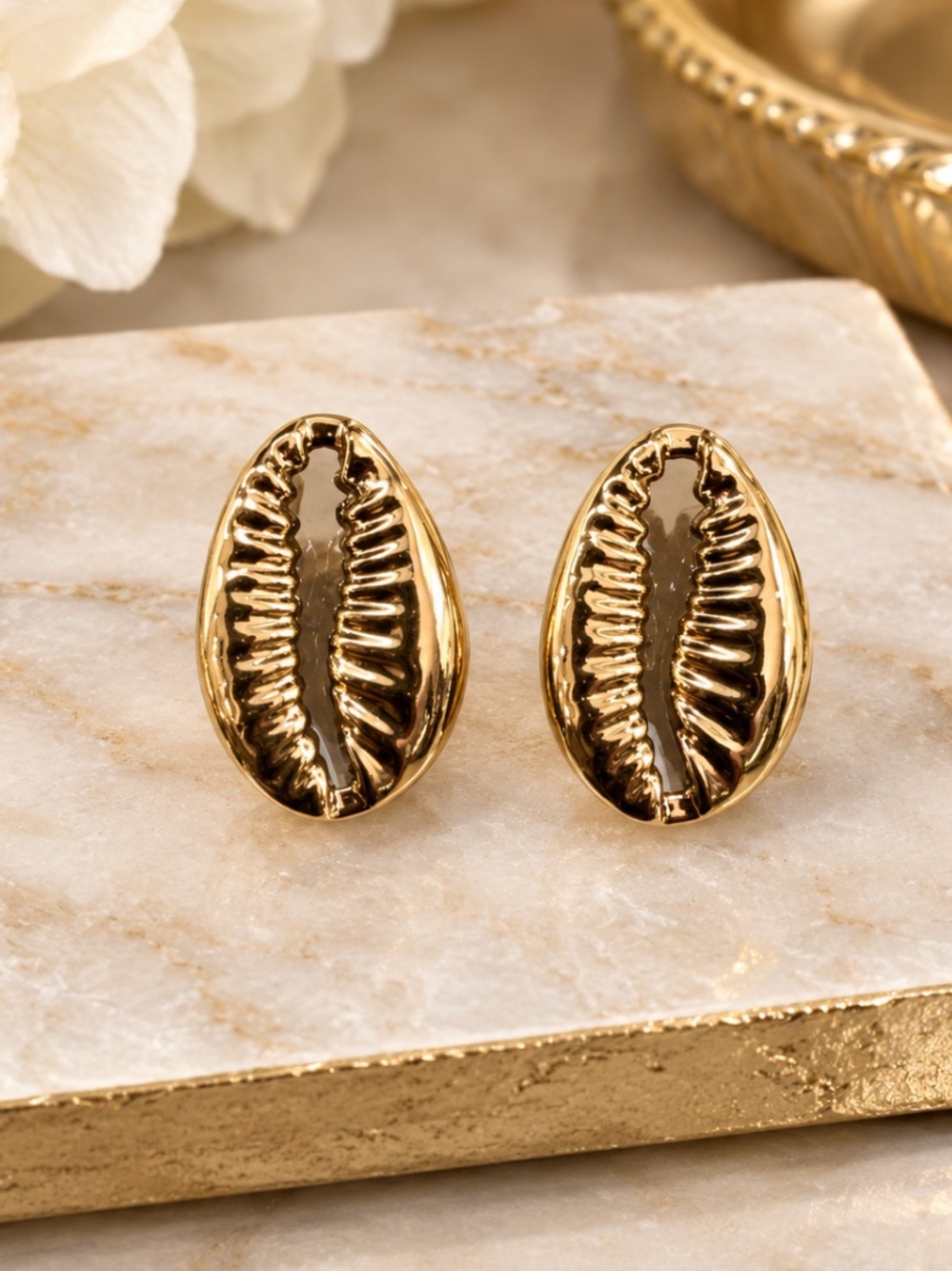 Gold Cowrie Shell Stud Earrings